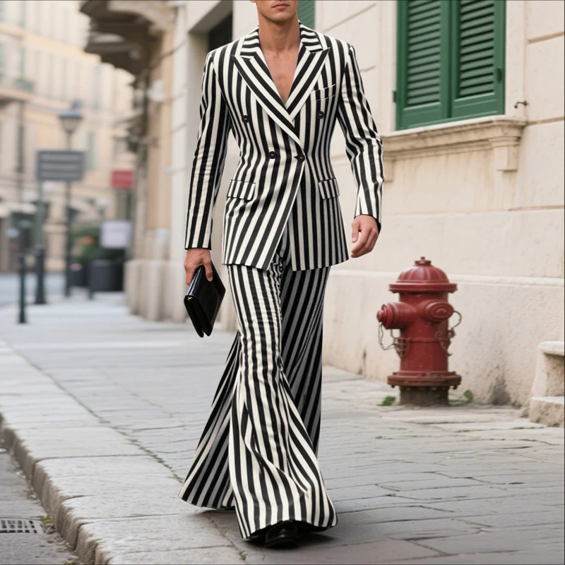 INCERUN أطقم رجالية مخططة بأكمام طويلة سترة مزدوجة الصدر وسراويل مضيئة طقم مكون من قطعتين ملابس خروج عصرية للرجال بدل غير رسمية #3