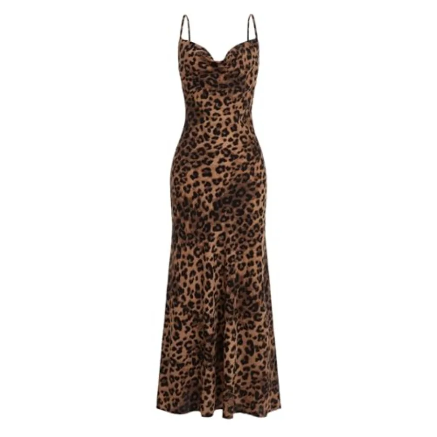 Leopard Print Draped Collar Cami Long Dress
