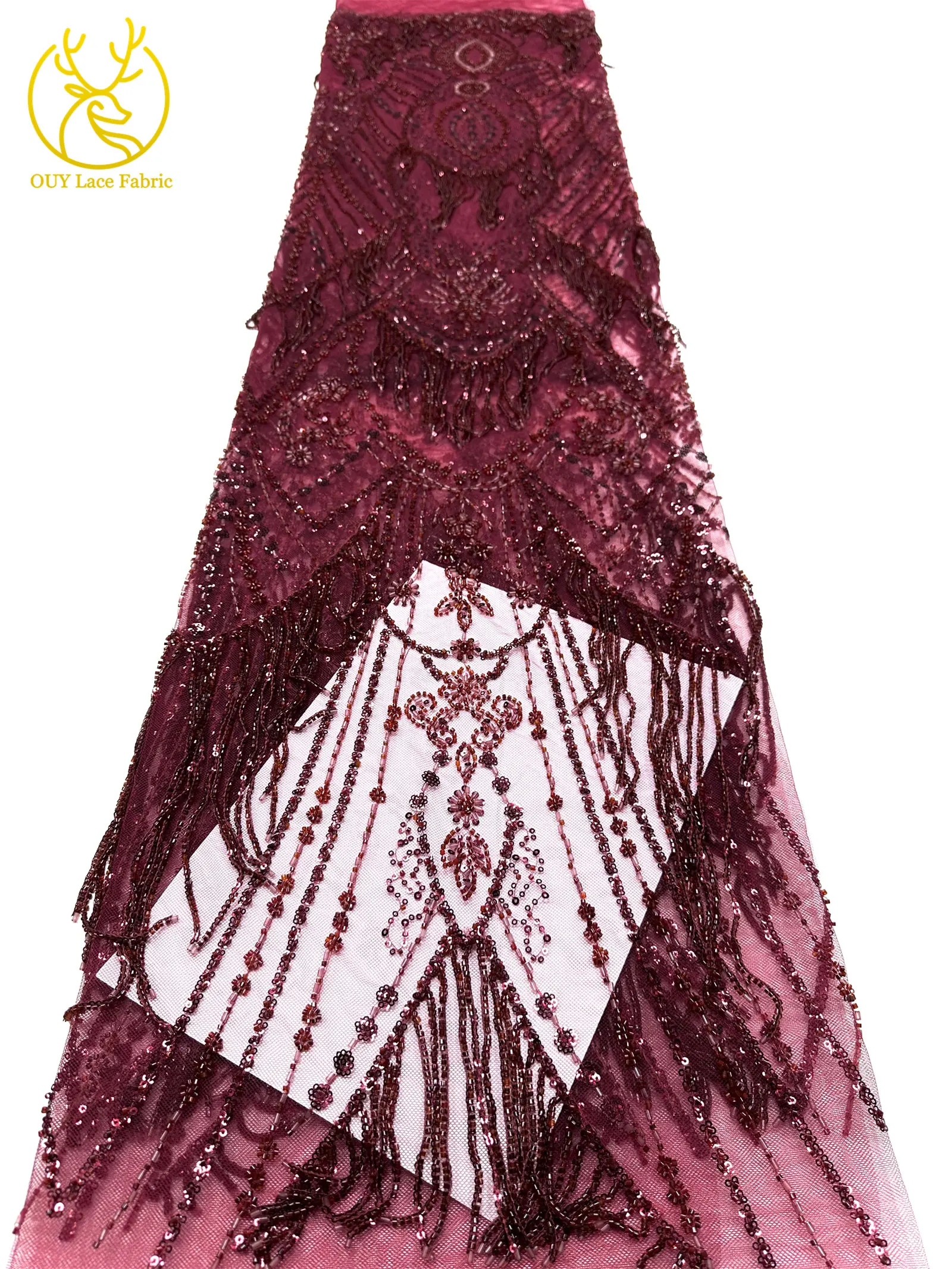 Roter 3D afrikanischer nigerianischer Perlen-Spitzenstoff, französischer Pailletten-Tüll, bestickter Spitzenstoff für Damen, Hochzeitsdekoration, Kleid, Nähen – Detail 26