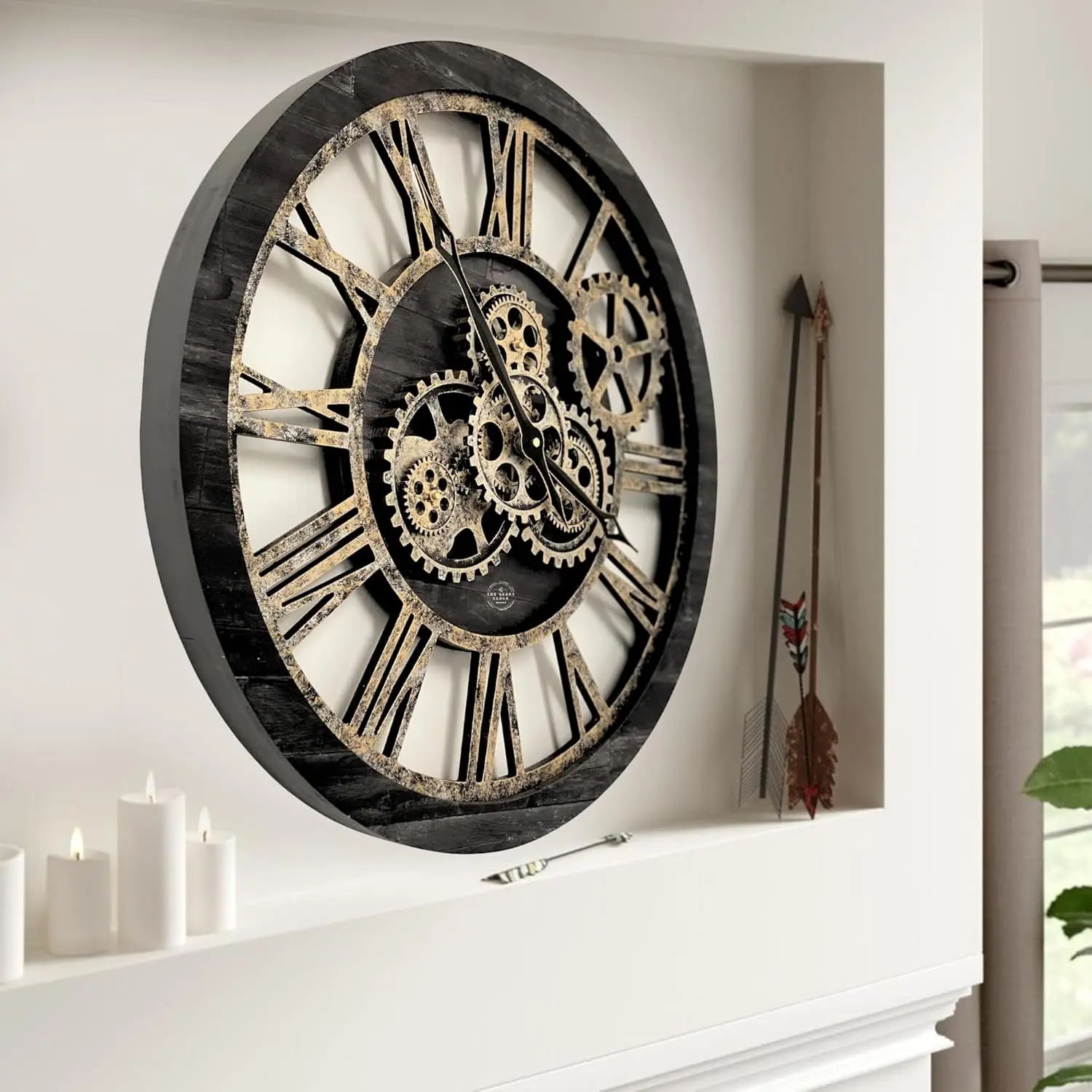 Clock The Original Real Moving Gear Wall Clock Vintage Industrial Oversized Rustic Farmhouse (24 inch (60cm), Vintage Black Wood