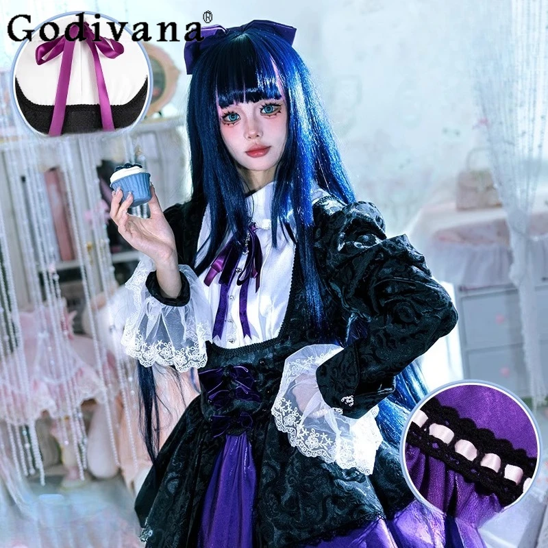 Lace Purple Lolita Dress for Women Panty with Garterbelt Stocking Cosplay Costume Dress Girls Striped Stockings Headwear Suit