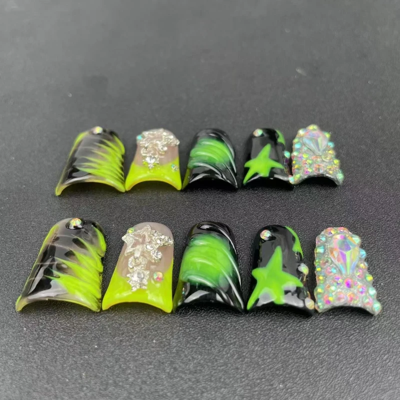 Colección de uñas postizas hechas a mano con diseño de pato, decoración de gatitos en 3D, diseños florales de diamantes de imitación, uso diario, 10 Uds.