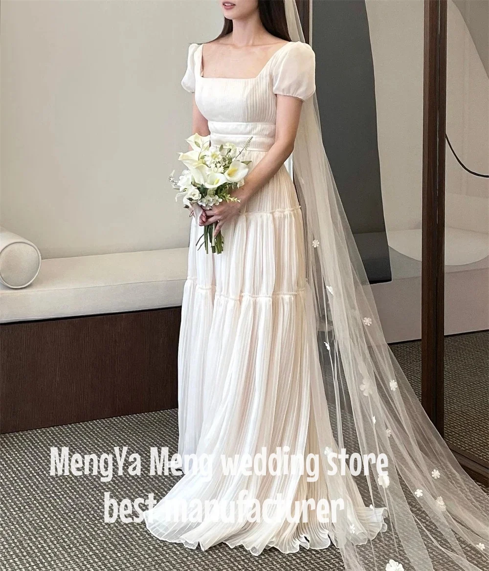 

ZHUISHU customized Elegant Square Neck Korea Wedding Dresses Short Sleeve Chiffon Tiered Ruffles Bridal Dress Beach Bride Gown