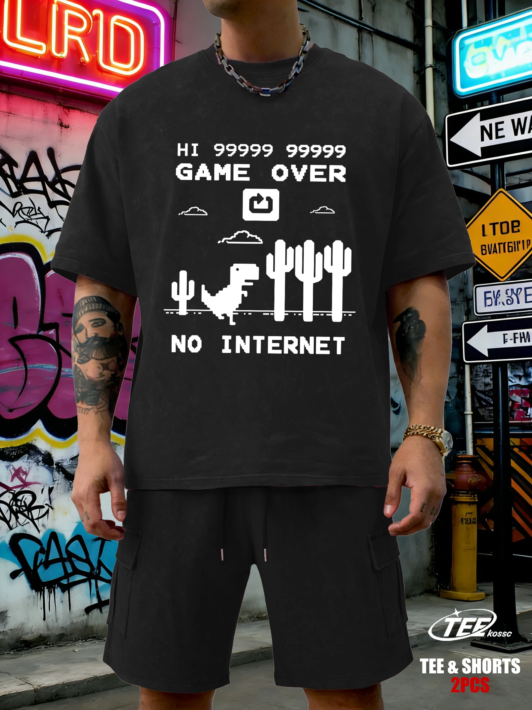 

No Internet Dinosaurs Over Cactus Washed T Shirts Men Colour Soft Cotton T-Shirt Summer Street Fashion Tee Creative Shorts Set