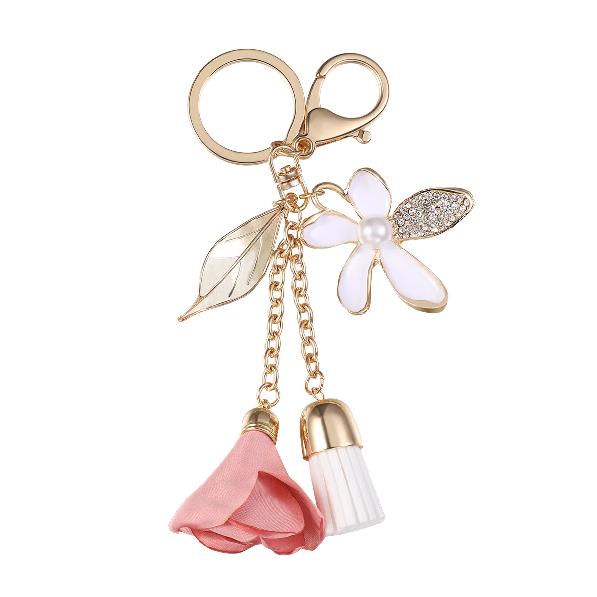 FENICAL Crystal Five-leaf Flower Car Keychain Cloth Flower Car Key Ring Tassel Leaves Key Chain Female Bags Pendant Accessories