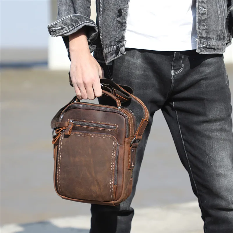 High quality crazy horse cowhide men's shoulder bag outdoor handmade travel work natural genuine leather small handbag satchel