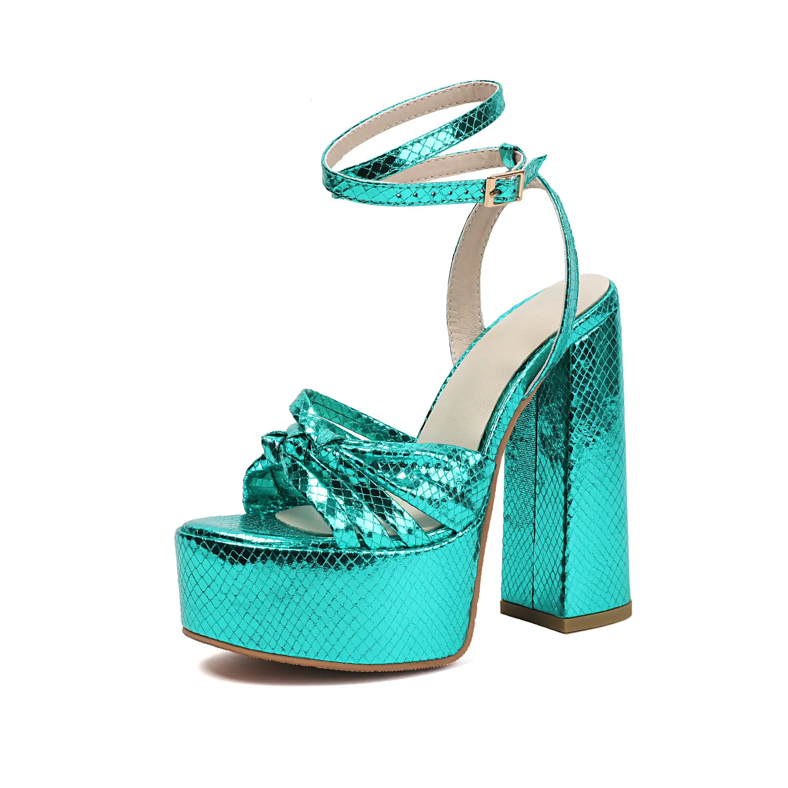 

Unique Metallic Platform Sandals Woman Comfortable Chunky High Heels Shoes Ankle Strap Showstopper for Birthday Wedding Party