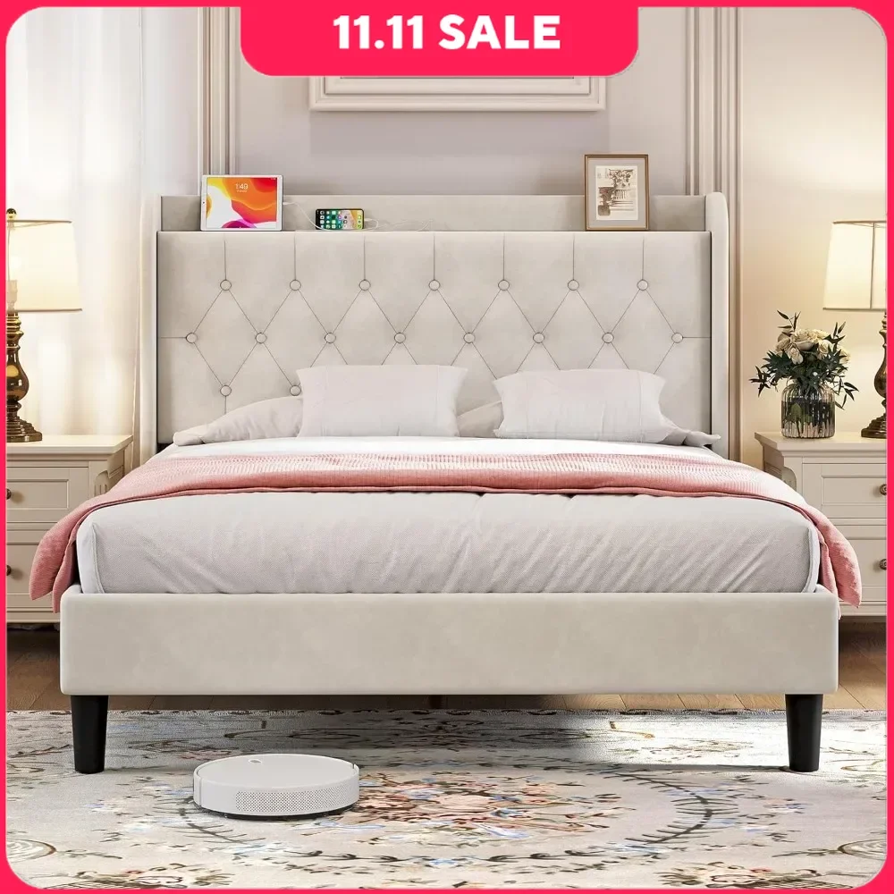 Full Bed Frame with Headboard Adjustable Velvet Upholstered Beds Frame with Type-C&USB Port Full Size Bed Frame