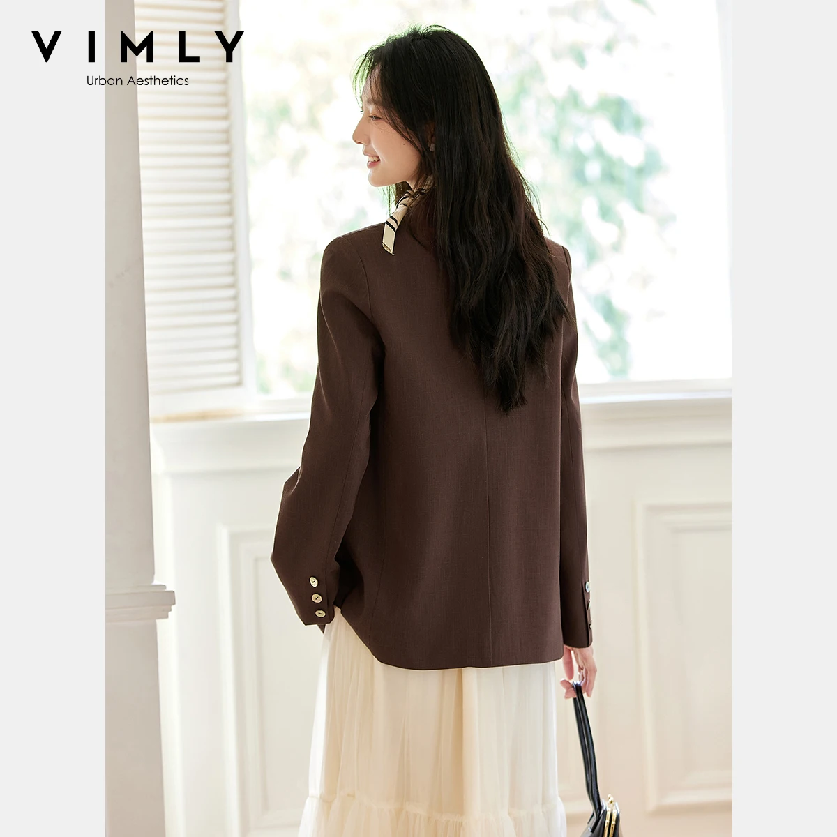 VIMLY 여성용 브라운 텍스처 자켓 코트 가을 2025 캐주얼 오버사이즈 노치드 여성 블레이저 여성 오피스룩 블레이저 여성용 A2193