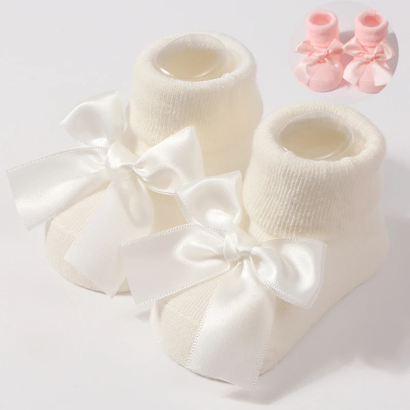 

2 Pairs Newborn Baby Girls Anti-Slip Princess Solid Color Cute Bowknot Breathable Mid Socks Knitted Cotton Socks for Girls