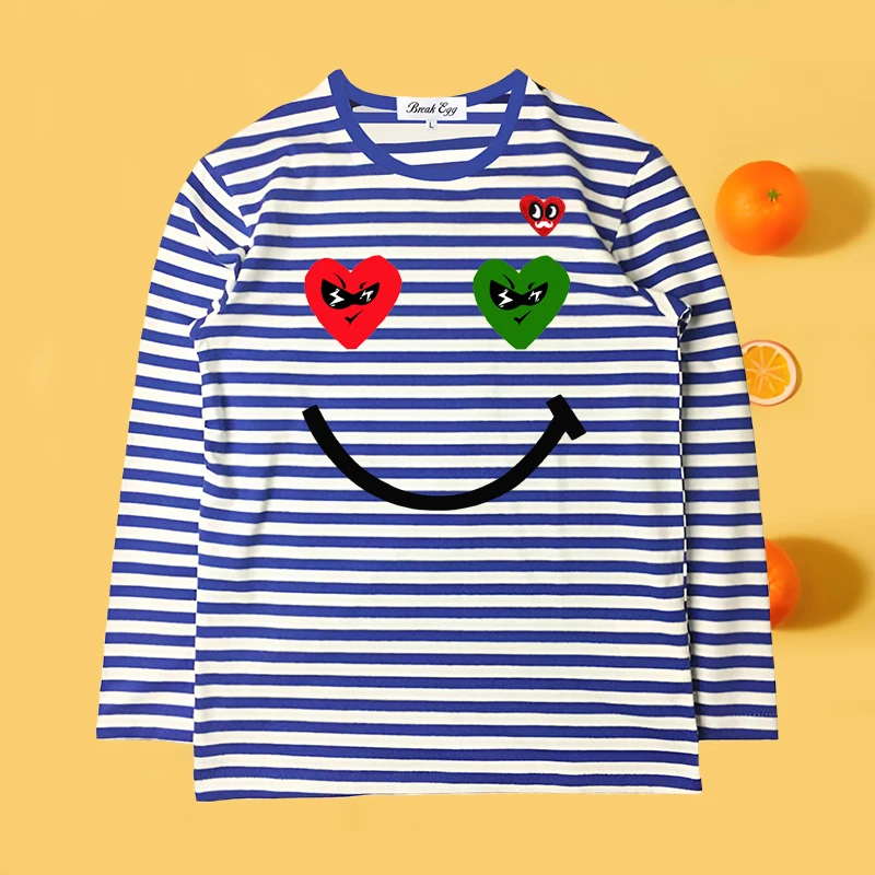 

Smiling Heart Two-tone Glasses Eyes Printing Women Striped T-Shirt Red Eyes Beard Heart Embroidery Cotton Long-sleeved T-shirt