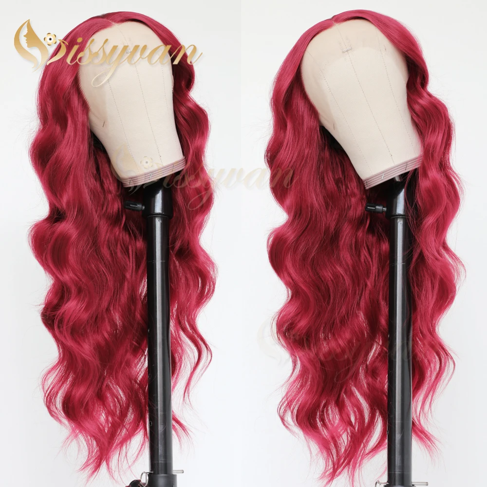 Missyvan Long Red Color Body Wave Synthetic Lace Front Wigs Glueless Fiber Hair Wig for Black Women