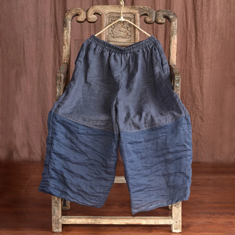 100% الكتان المرأة عادية بنطال ذو قصة أرجل واسعة جديد 2025 الصيف خمر نمط المرقعة اللون فضفاض الإناث الكاحل طول السراويل T476