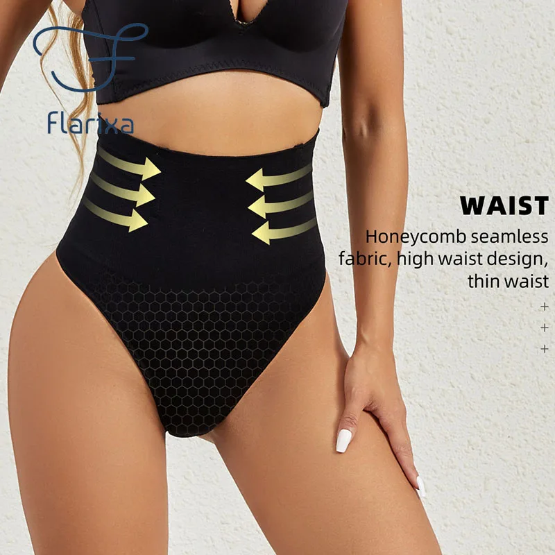 Flarixa High Waist Tummy Control Thong Panties Women Seamless Thongs Honeycomb Slimming Underwear Butt Lifter Body Shaper Briefs