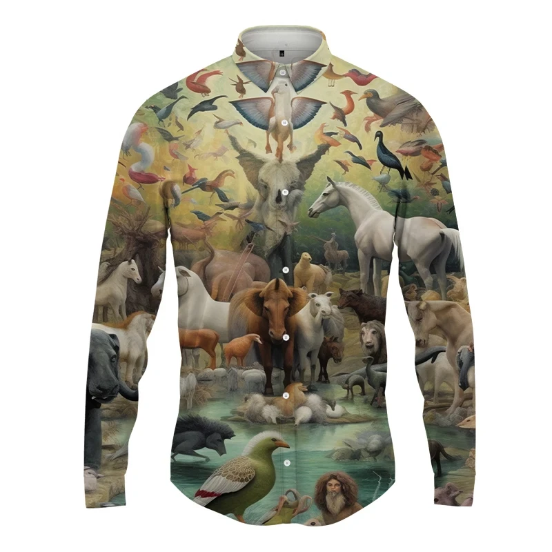 New Elephant Printed Shirt Spring Autumn Fashion Men's Gettling Shirt Hawaiian Men's Long -sleeved Shirt Street Men's Clothing