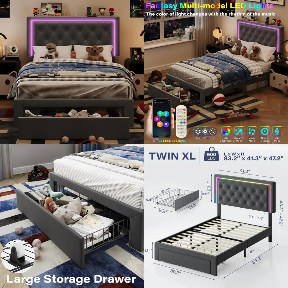 

Twin XL Storage Drawer Bed Frame with Adjustable Upholstered Headboard and LED Lighting & Charging Ports