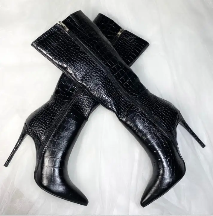 Coffee Black Winter Autumn Genuine Leather Crocodile Thin High Heel Boots Pointed Toe Knee High Woman Boots