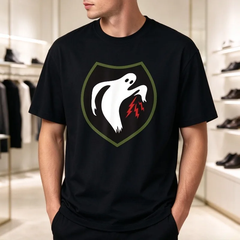 Ghost Lightning Shield Printed T-Shirt Spooky Ghost Emblem Graphic Tee Soft Modal Casual Loose Top For Daily Wear Gift