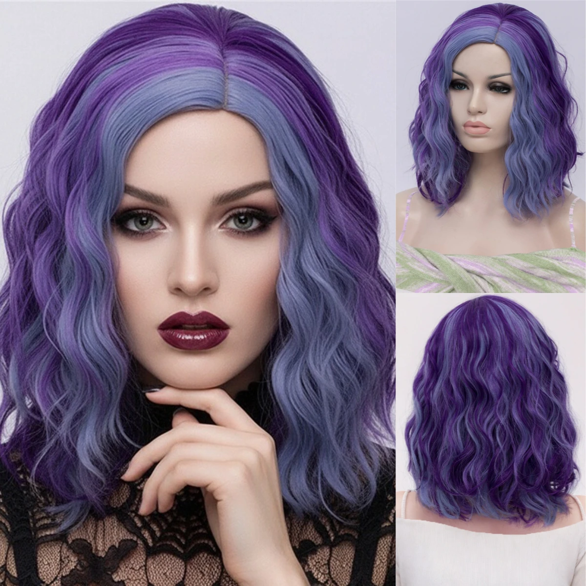 

Women Synthetic Short Curly Purple Mixed Blue Wig Heat Resistant Wig For Daily Party Cosplay Halloween Fake Hair