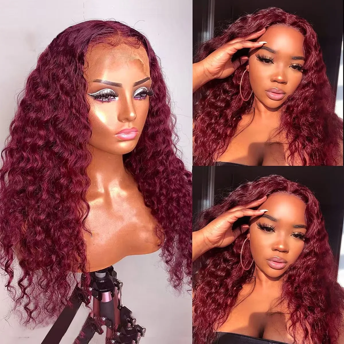 99J Burgundy Curly Wigs 13x4 Hd Lace Front Human Hair Wig Pre Plucked 250% Brazilian Transparent Deep Wave Frontal Wig 30 32 Inch Red Wine Colored Water Wave Human Hair Wigs For Women