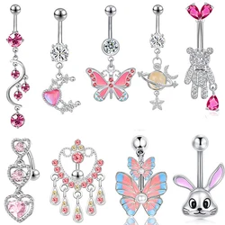 Pink Crystal Pendant Belly Button Ring For Women Stainless Steel Navel Piercing Jewelry Rabbit Heart Bear Butterfly Belly Ring