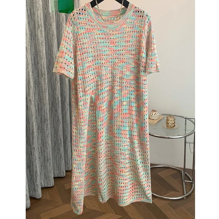 

Summer New plus Size Hollow out Long Dr Slimming Versatile ort Sve T-irt Cover up Dr Polyester Fiber