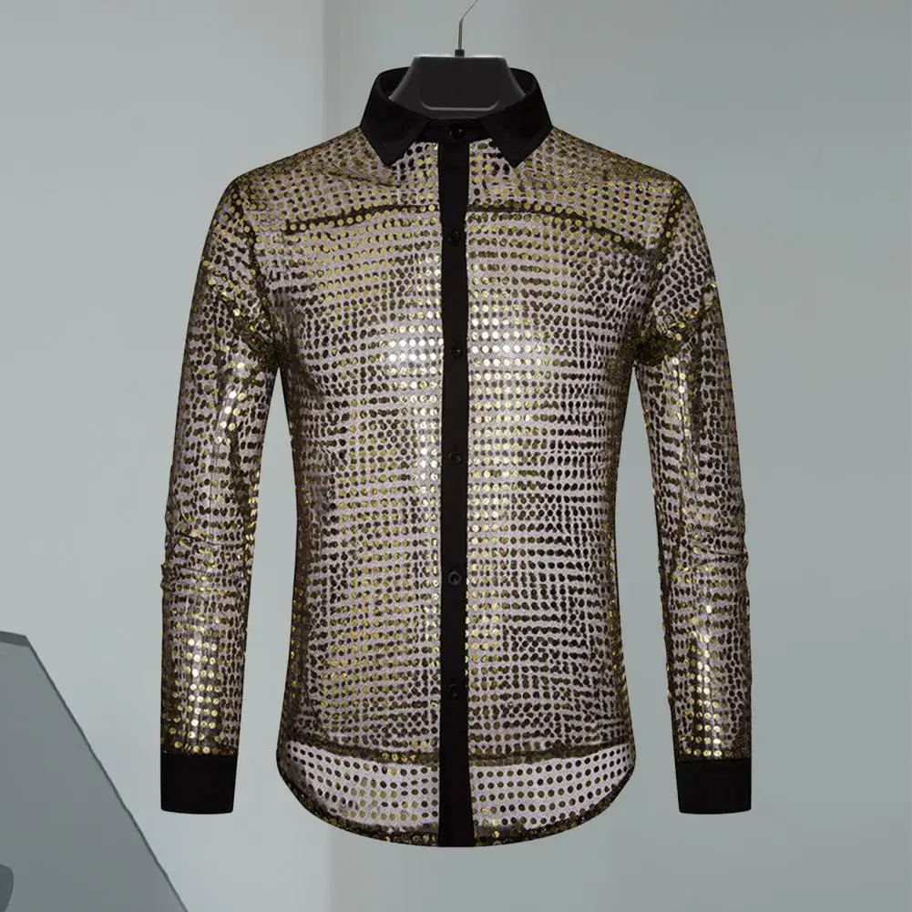 Lapel Long Sleeve Shirt Stylish Men's Sequin Embellished Lapel Shirt with See-through Design Skin-friendly Fabric Loose for A