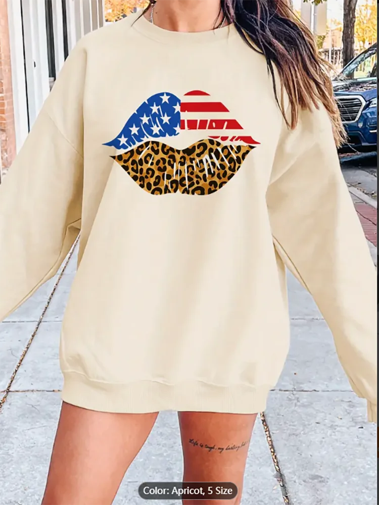 

Женская абрикосовая толстовка с американским флагом, леопардовыми губами и графическим принтом, повседневный пуловер большого размера, топ для любителей патриотического стиля