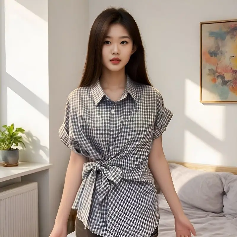 

Summer New Arrival French Elegance Design College Style Black and White Checkered Waist-Cinching Slimming Short-Sleeve Shirt
