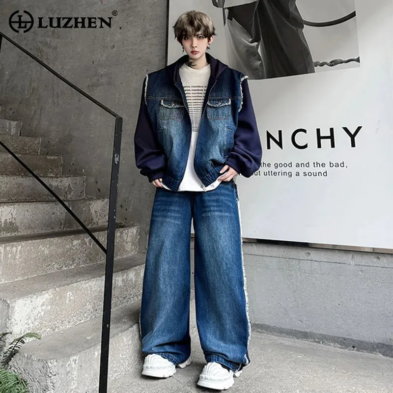 

LUZHEN модные уличные комплекты из двух предметов, оригинальные красивые мешковатые широкие повседневные джинсы, мужские градиентные потертые джинсовые пальто с капюшоном JY4188