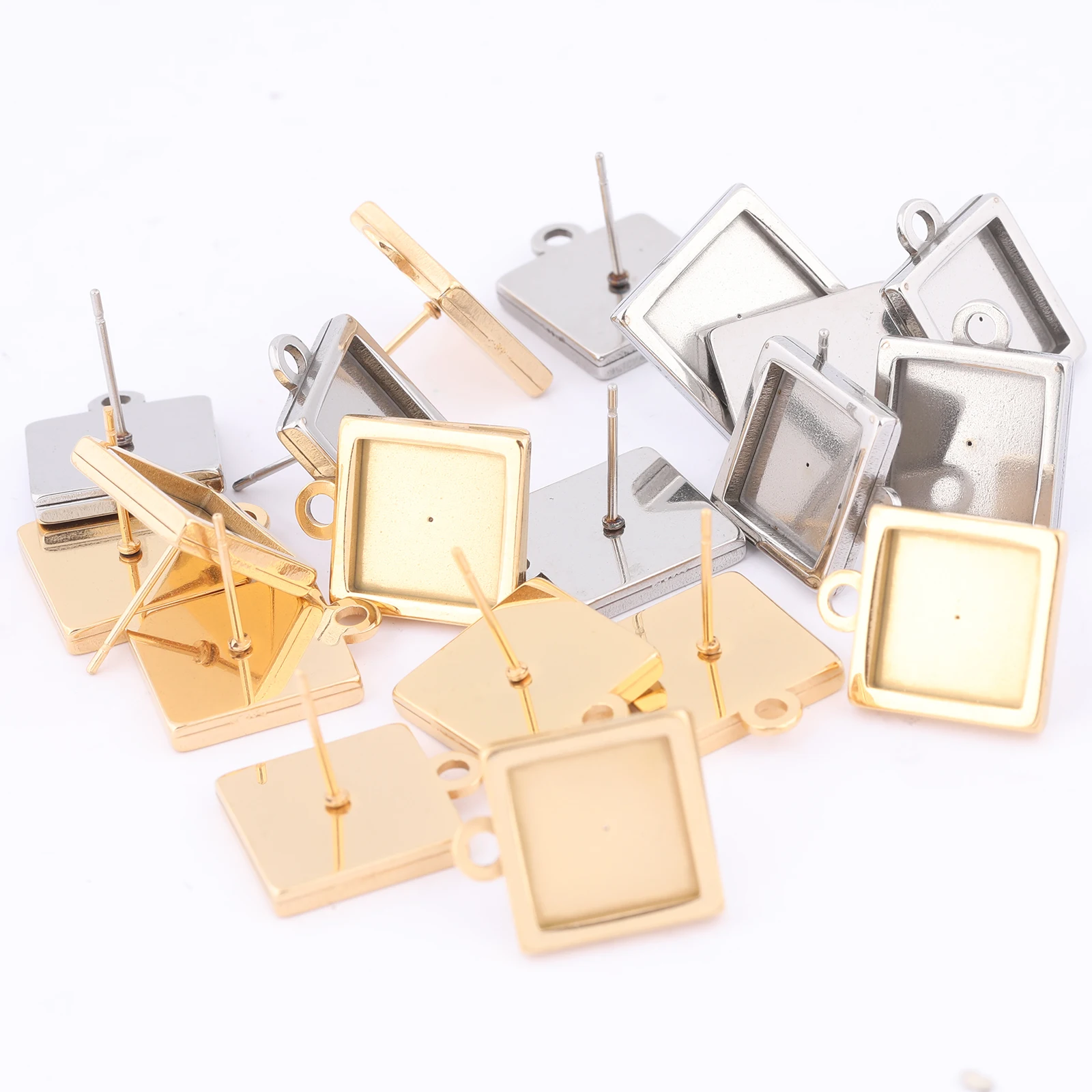 10pcs Stainless Steel Fit 10mm Square Cabochon Earring Connector Base Setting Blanks Diy Post Ear Bezel Findings With Loop