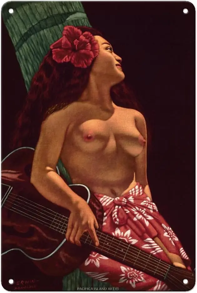 Figure Hawaiian Island Girl with Guitar - Vintage Hawaiian Black Velvet Art by Bill Erwin c.1940s - 8 x 12 inch Vintage Metal Ti