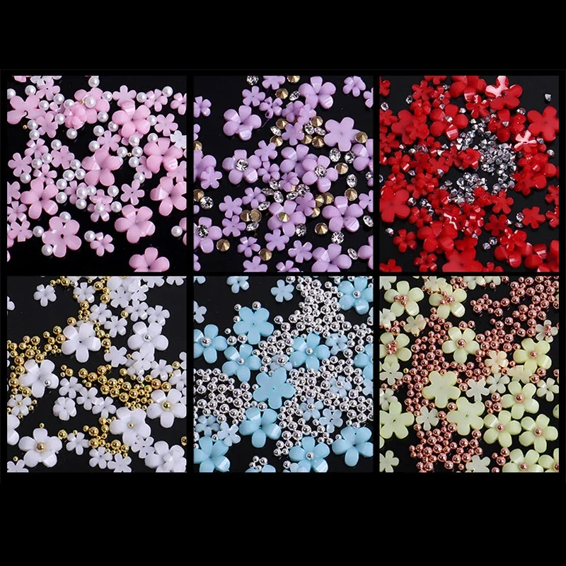 Grids Acrylic Flower Nail Parts Mixed Steel Beads Charms Design Nail Art Decoration Jewelry Accessory