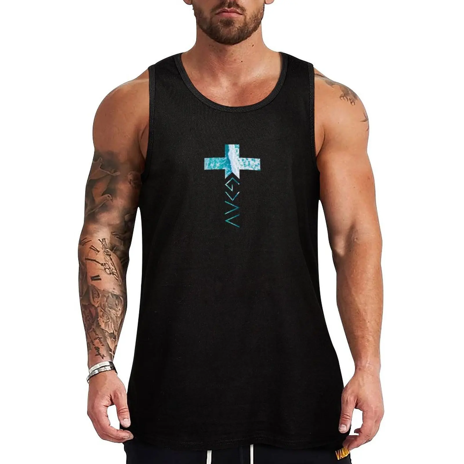 

Ocean Waves Cross God is Greater Tank Top bodybuilding t shirt Men sleeveless tee anime gym