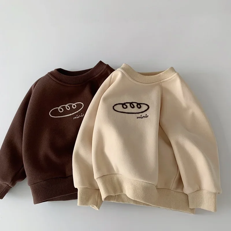 

Kids Sweatshirt Boys Korean Style Fleece Lined Cartoon Bread Loose Long Sleeve Pullover Children Casual Warm Top