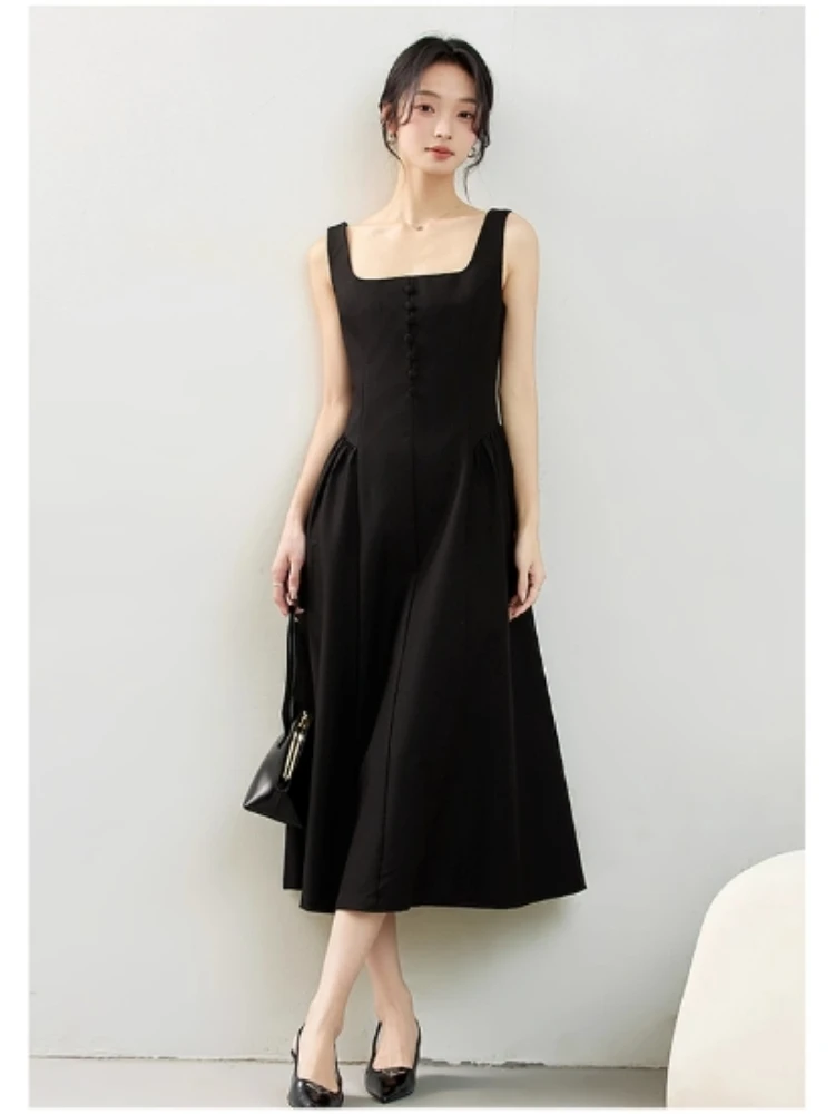 VIMLY Black French Square Neck Suspender Dress 2025 Woman Autumn Sleeveless Waist Vest Buttons Waist Long Ladies Dress A1709