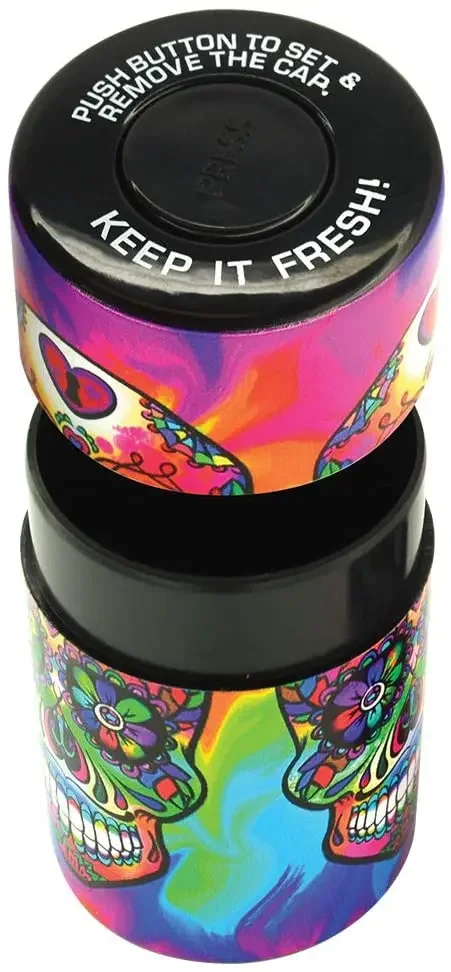 Plastic Air Tight Can-Stash Vacuum Container for Sealed Spice, Tobacco with Tie Dye Skull