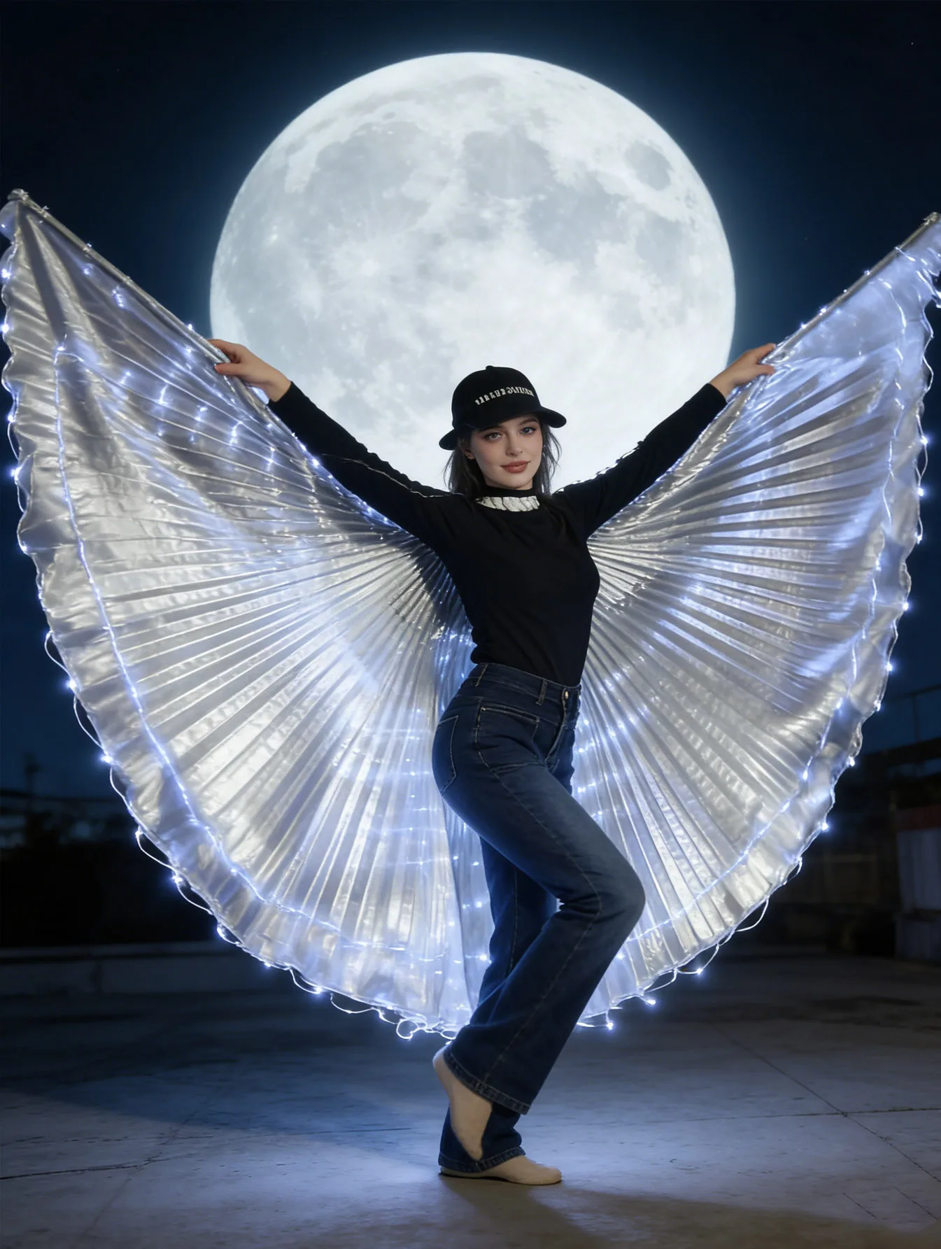 

White lights like star trails embedded in silver satin, cold light flowing, becoming a snow spirit (batteries not included).