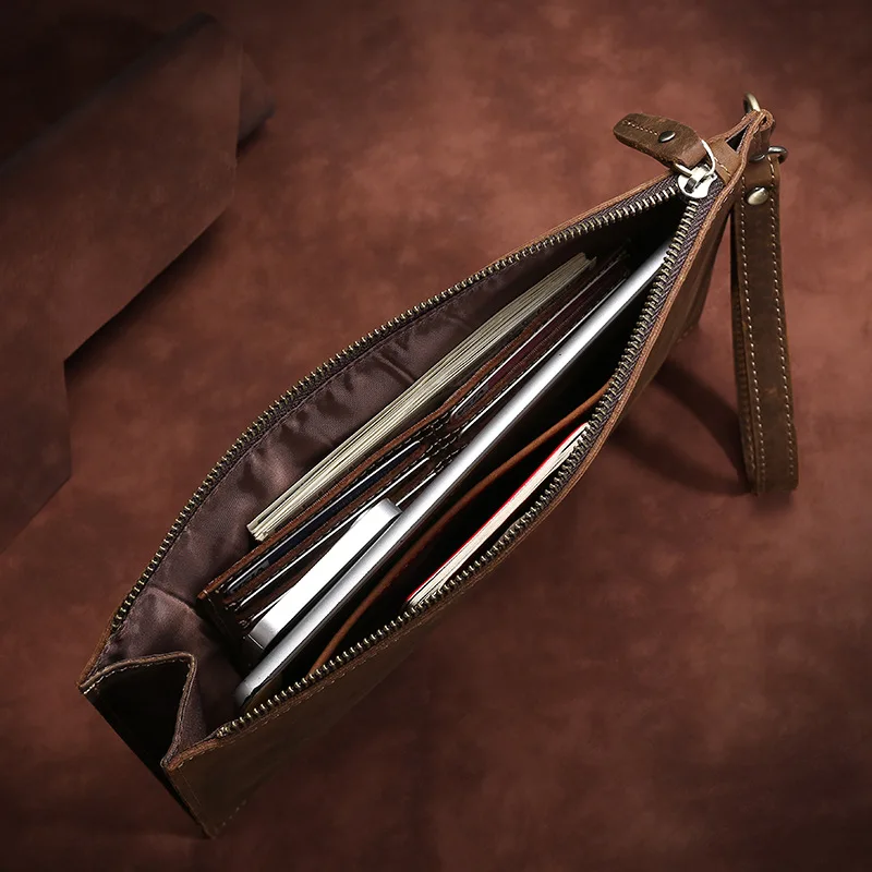 

Crazy Horse Leather Men Clutch Bag Envelope Design Cowhide Long Wallet Bag for iPad Travel Business Male Zipper Handbag Purse