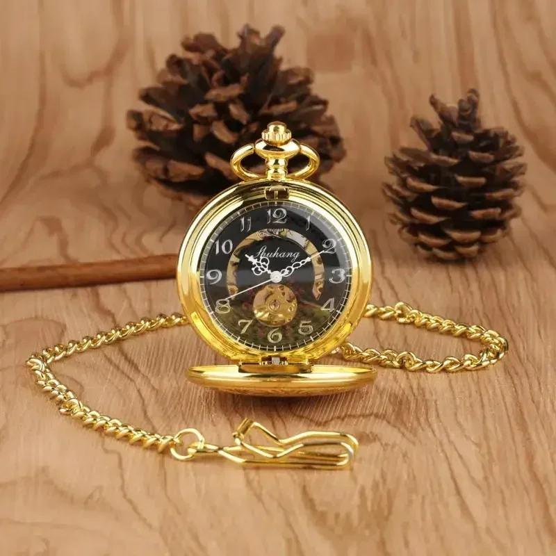Classic Yellow Gold Men Women Handwinding Mechanical Skeleton Pocket Watch Pendant Chain Clock Arabic Number Dial Watches Reloj
