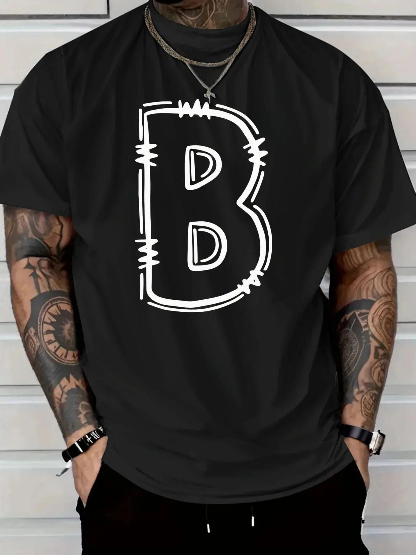 Men's Cotton Casual T-Shirt with Bold Letter B Graphic Print Regular Fit All-Season Comfort Comfortable Breathable Fabric