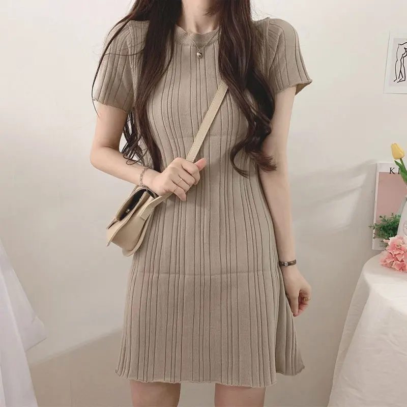 Summer Korean O-Neck Mini Dress Female Clothing All-match Solid Color Short Sleeve Casual A-Line Waist Elegant Folds Dresses New