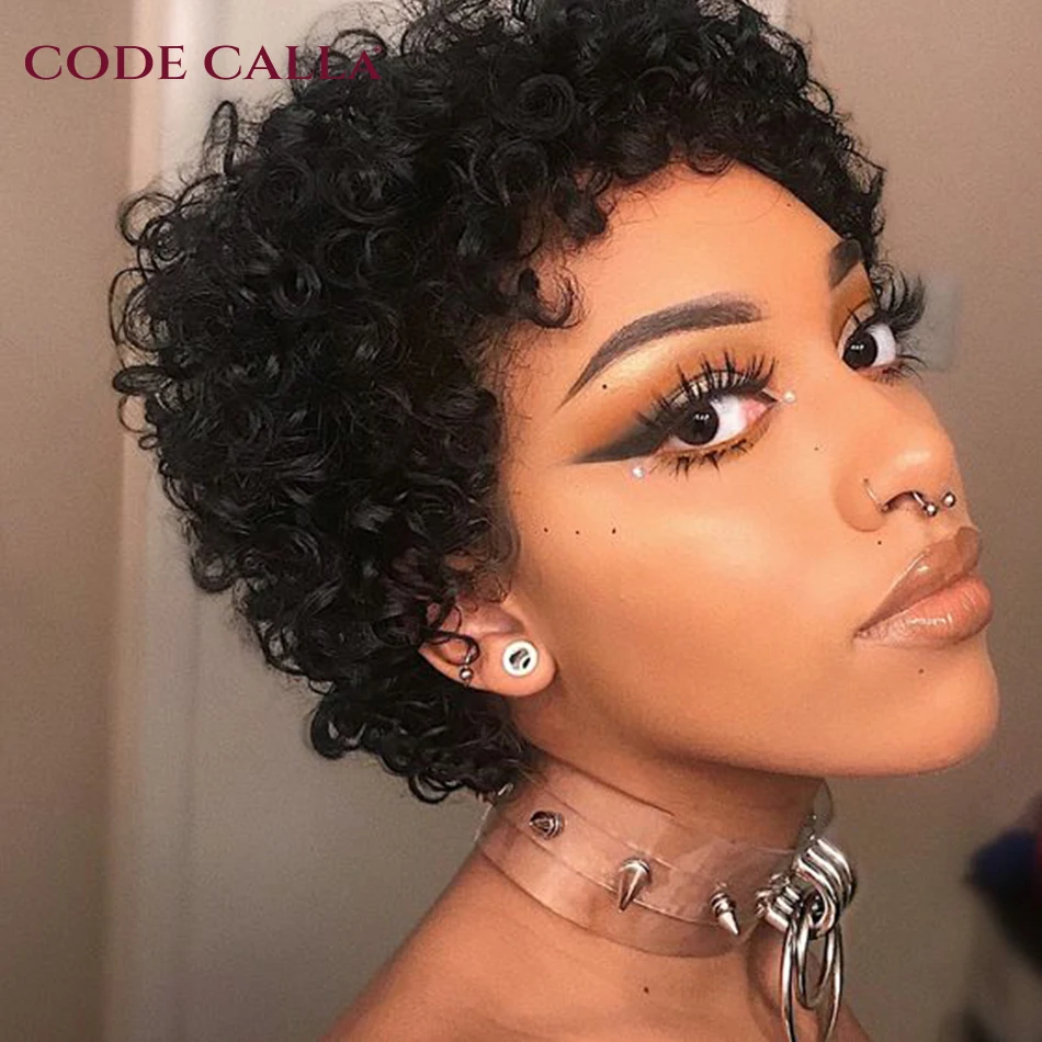 Codecalla Pixie Cut Bob Wig Indian Short Bouncy Curly Hair Wigs Pre-plucked Pixie Cut Curly Wig 13x1 Transparent Lace Front Wigs