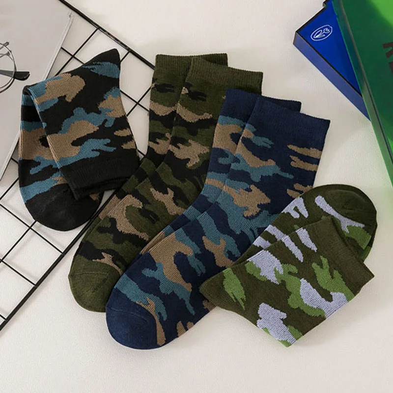 Meias de algodão camuflado masculino meio tubo, confortável, quente, espessado, verde exército, alta qualidade, primavera e outono, 5 pares, UE 38-44