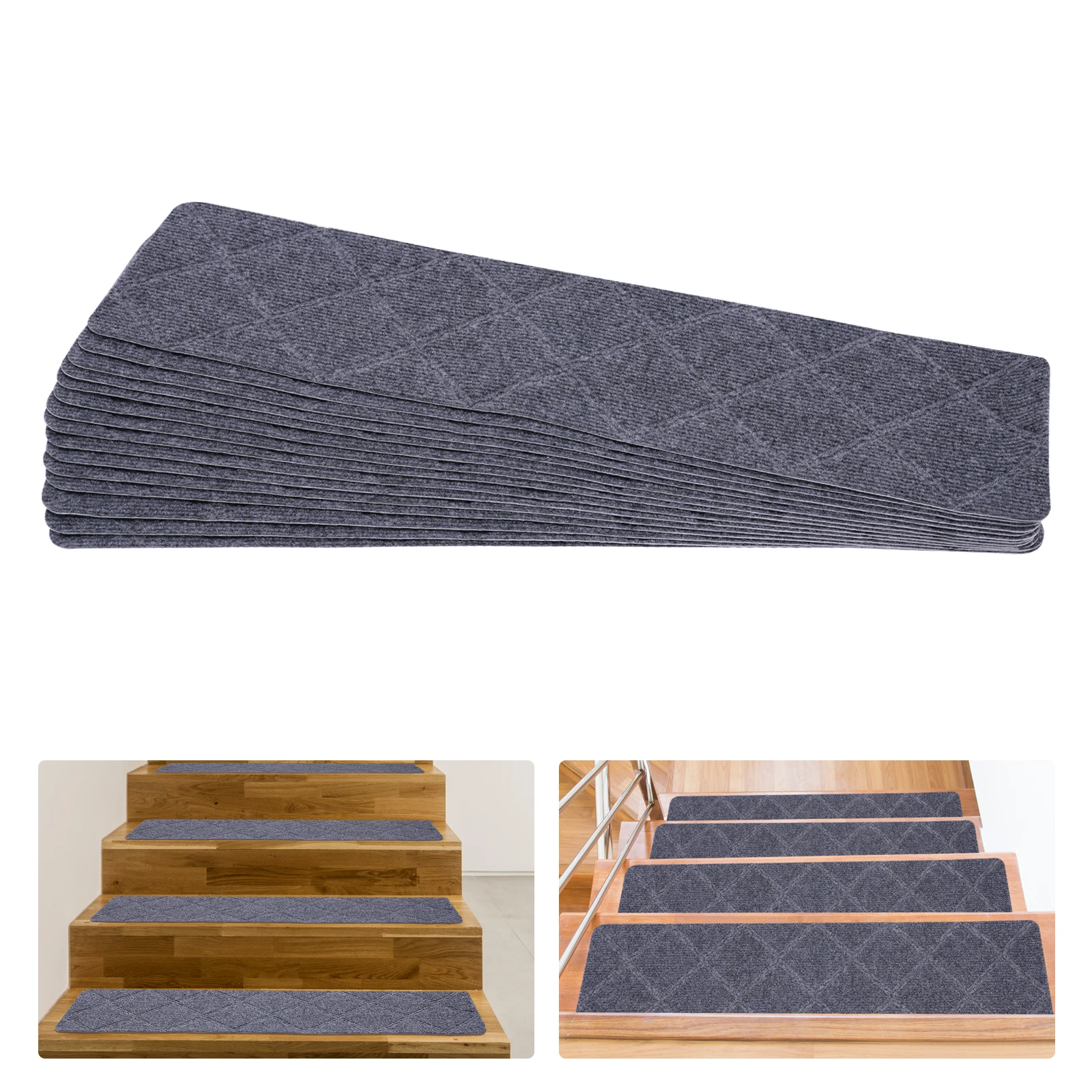 

15 шт. нескользящие лестничные ступеньки (серые) — 8x30 дюймов, полиэстер + TPR (прочный/противоскользящий), можно стирать в машине, простая установка (клейкая подложка)
