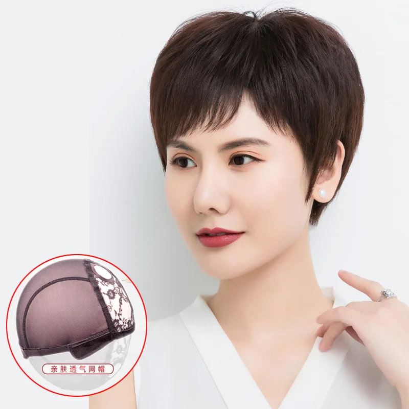 Short Hair Wigs Straight Natural Black Ladies Slanted Bangs Wigs Human Hair For Asian Middle Aged Women Gray Hair And Hair Loss