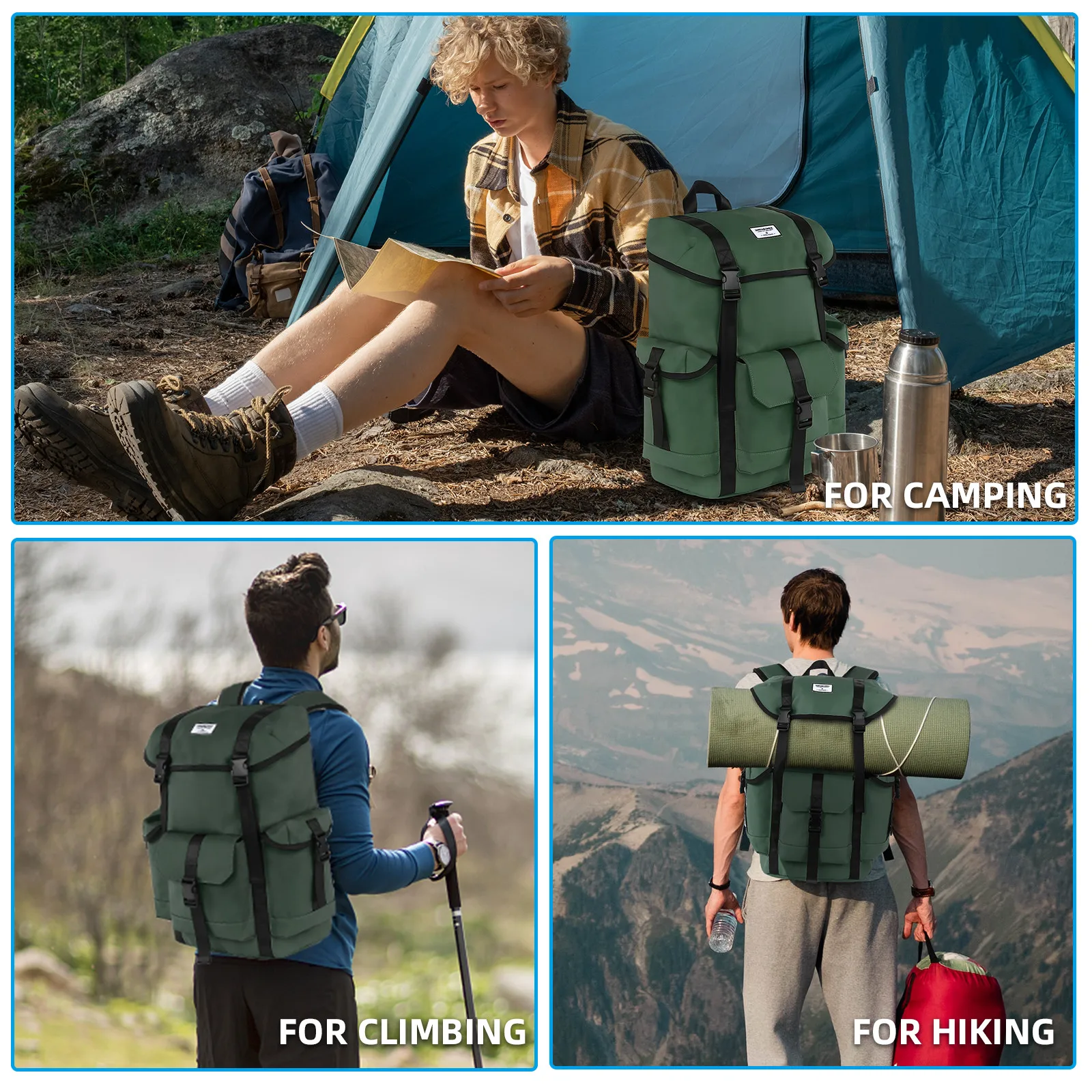 KINGSLONG-Sac à dos de voyage étanche, grande capacité, 18 pouces, décontracté, vert armée, sport, camping, extérieur