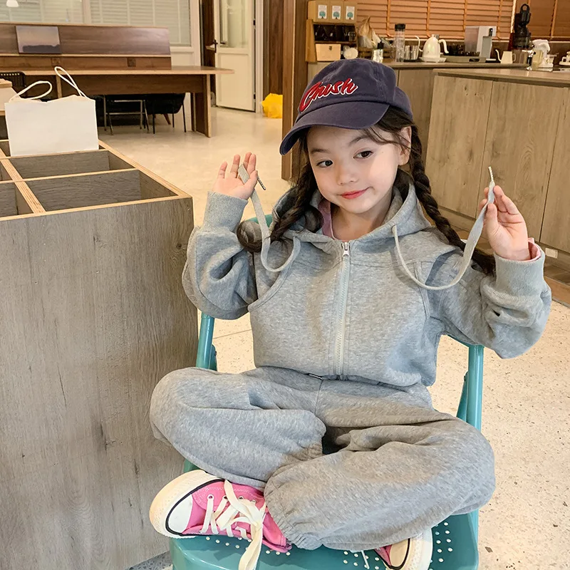 Baby Girl Clothes Suit Girls Casual Korean Double Zipper Hoodie Drawstring Ankle Sweatpants Fashion Casual Two-piece Set