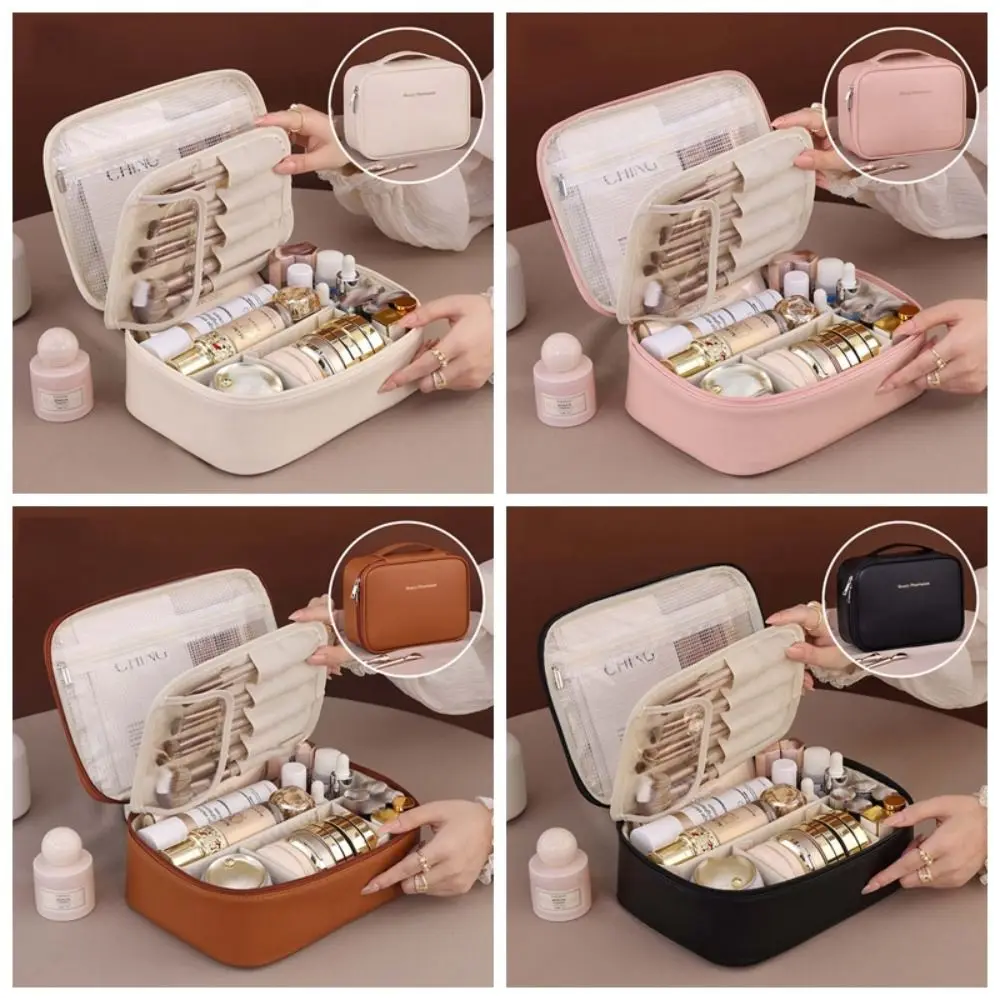 Tas kosmetik kulit PU persegi elegan, tas tangan wanita/anak perempuan, tas kantong Makeup tahan air, tas cuci perjalanan multifungsi, tas kosmetik kulit PU kotak elegan