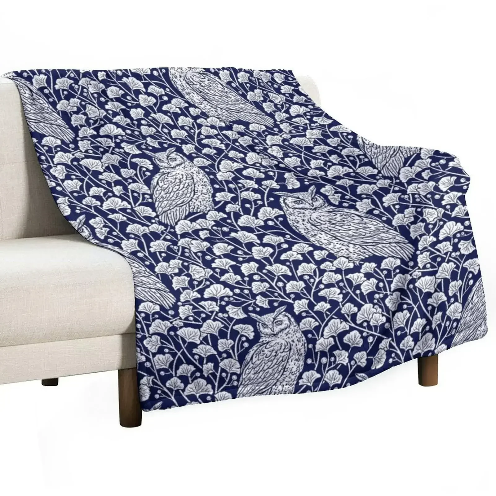 Winter Blue II - Owls and Gingko Leaves Throw Blanket Loose Summer Beddings Softest Blankets